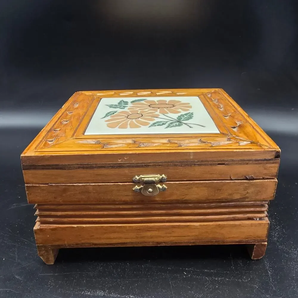 Vintage Floral Tile Wood Box Jewelry Box Trinket Box 1970s